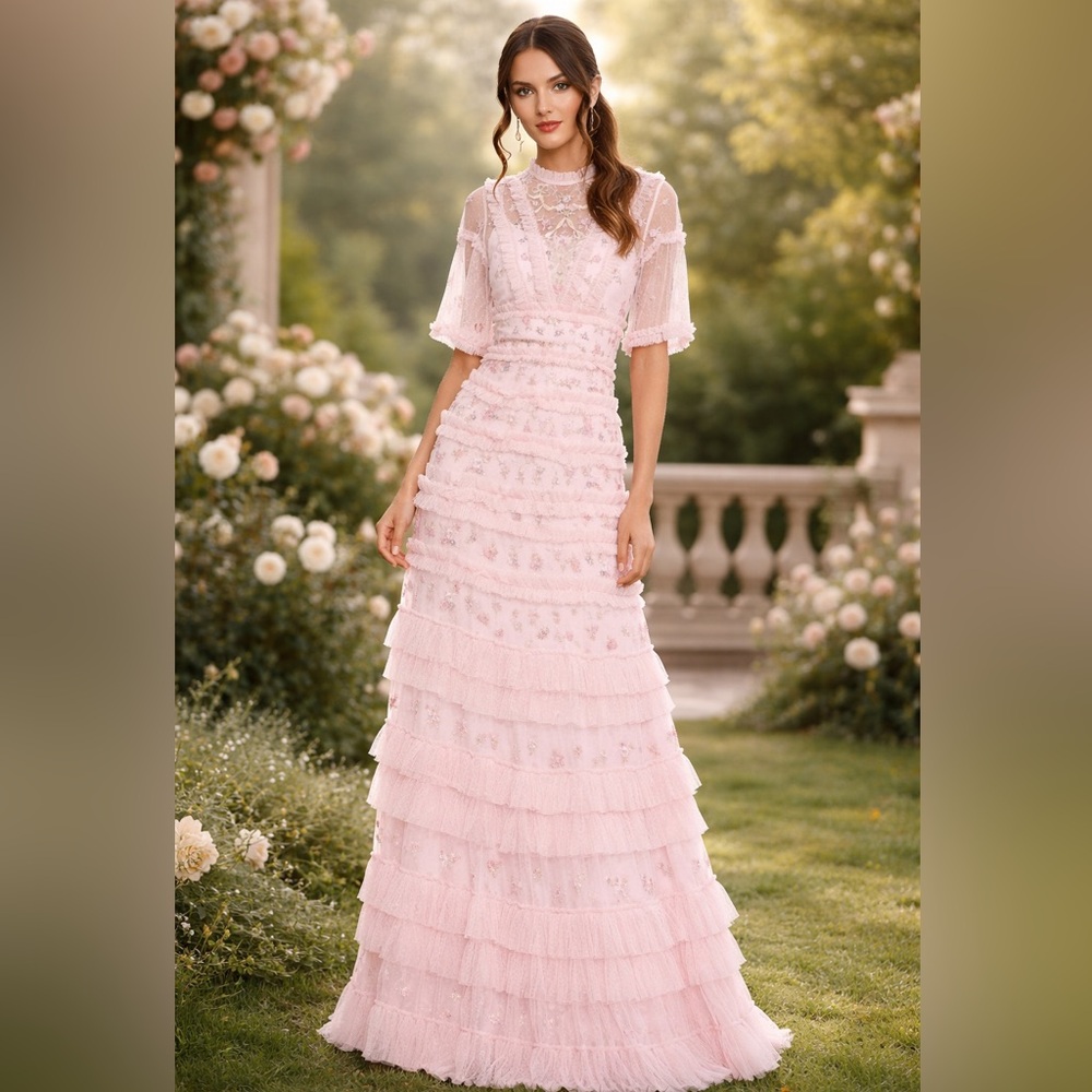 NWTMac Duggal Blush Lace Tiered Ruffle Formal Gown Ethereal Cottagecore SZ 12